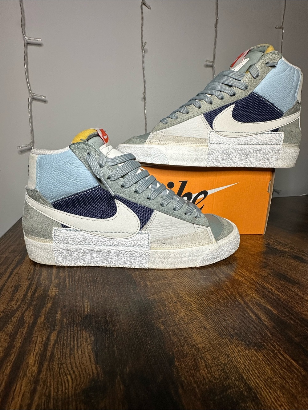 Nike Women’s Mid-Top Sneakers in Light Blue, Navy & Off-White